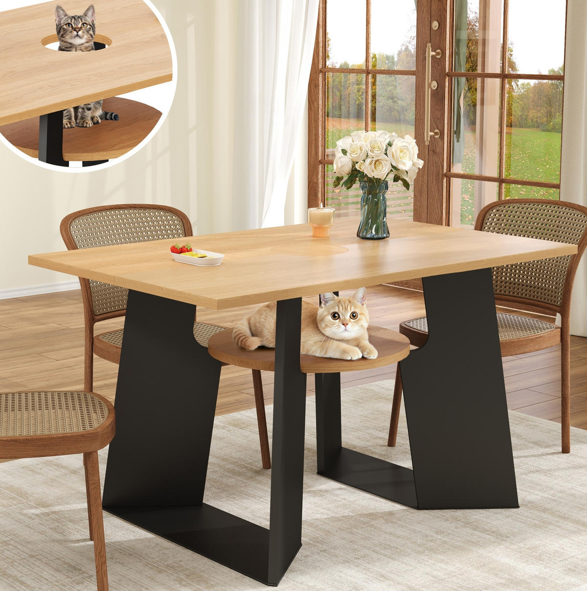 ESSTISCH 130/85/75 cm mit Haustierbereich, Abdeckplatte und Ablage, MDF, Schwarz/Natur - Schwarz, Holzwerkstoff (130/85/75cm) - Redom