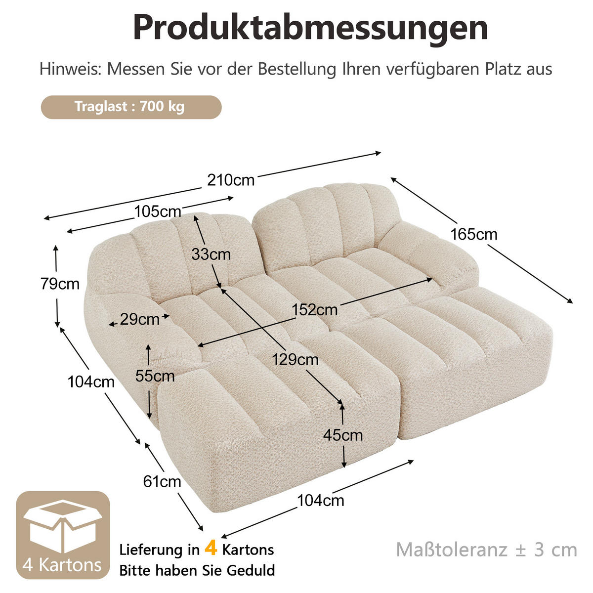 2-SITZER-SOFA DE-34312 mit 2 Ottomans Beige - Beige, Textil (165/79/210cm) - ComfortXL