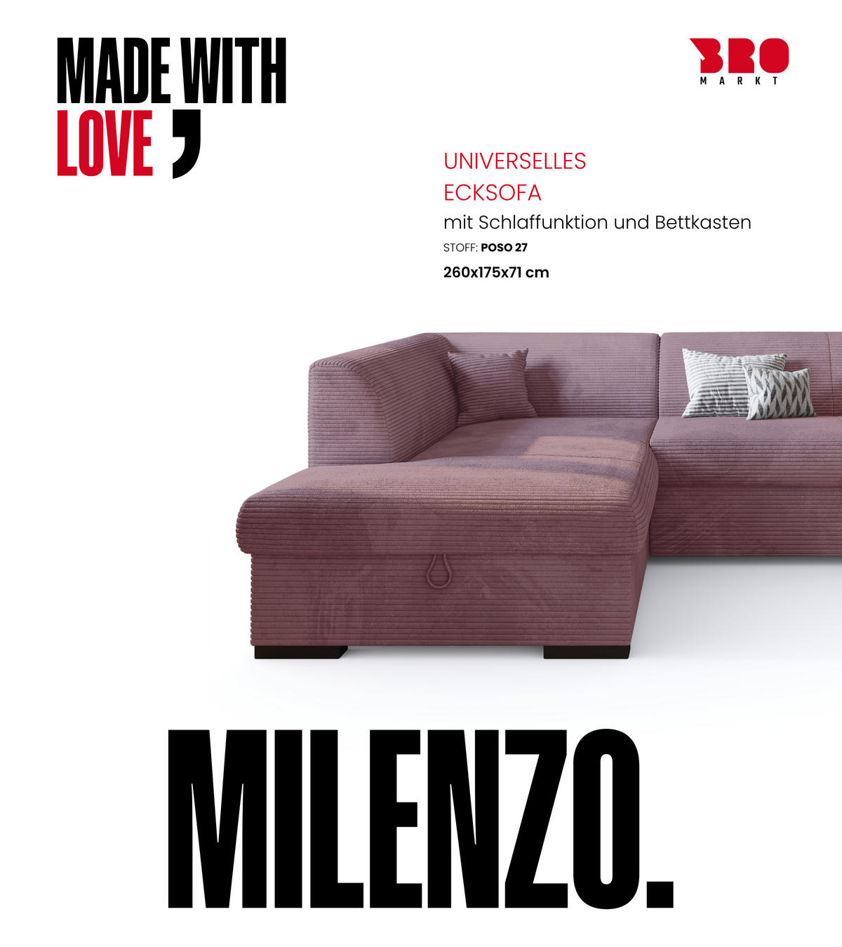 ECKSOFA mit Schlaffunktion Cordstoff MILENZO Puderrosa Rechts - Rosa, Holz (260/175cm) - Bromarkt