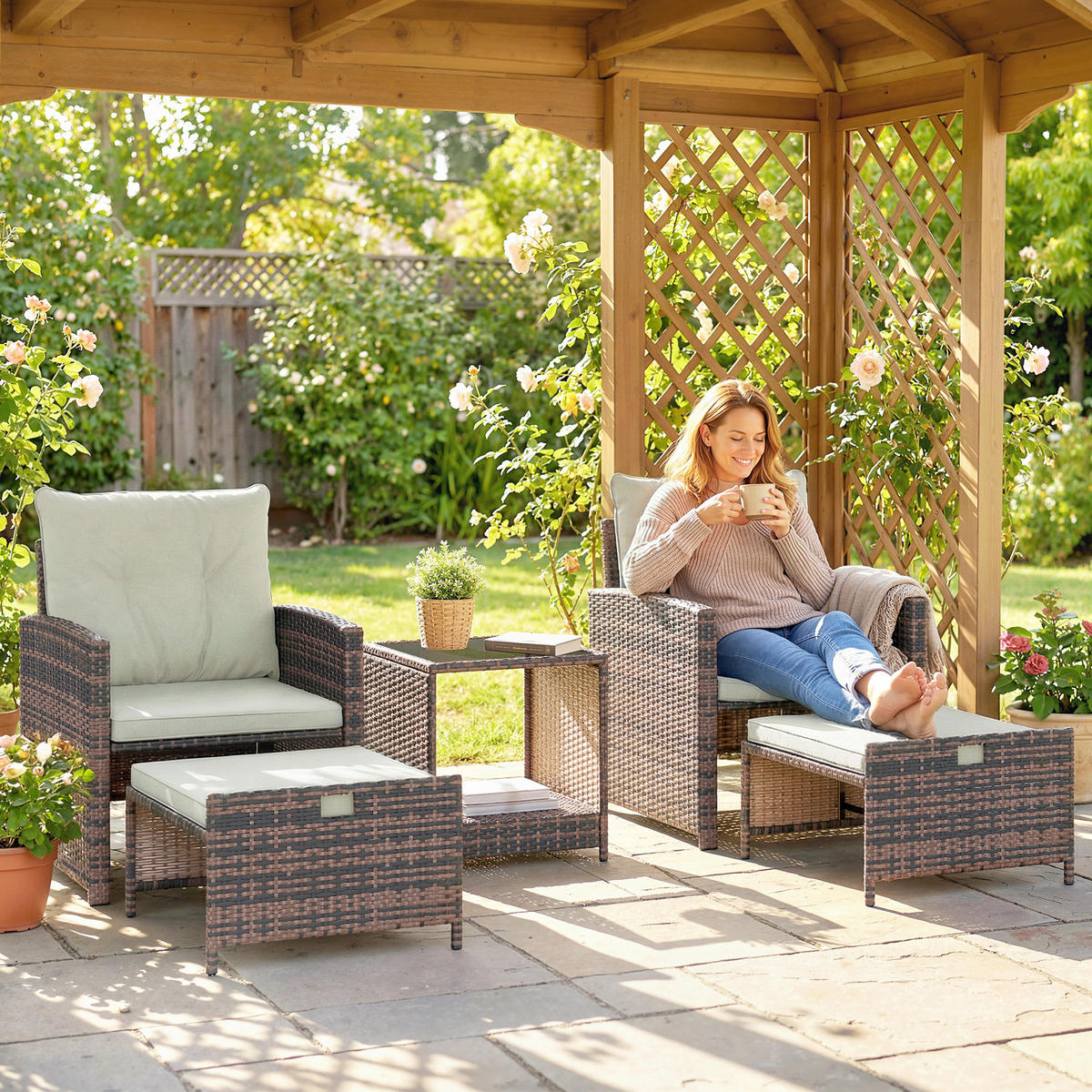 RATTAN-GARTENMÖBEL 5er Set PE-Rattan Stahl Cremeweiß - Creme/Schwarz, Kunststoff/Textil - Outsunny