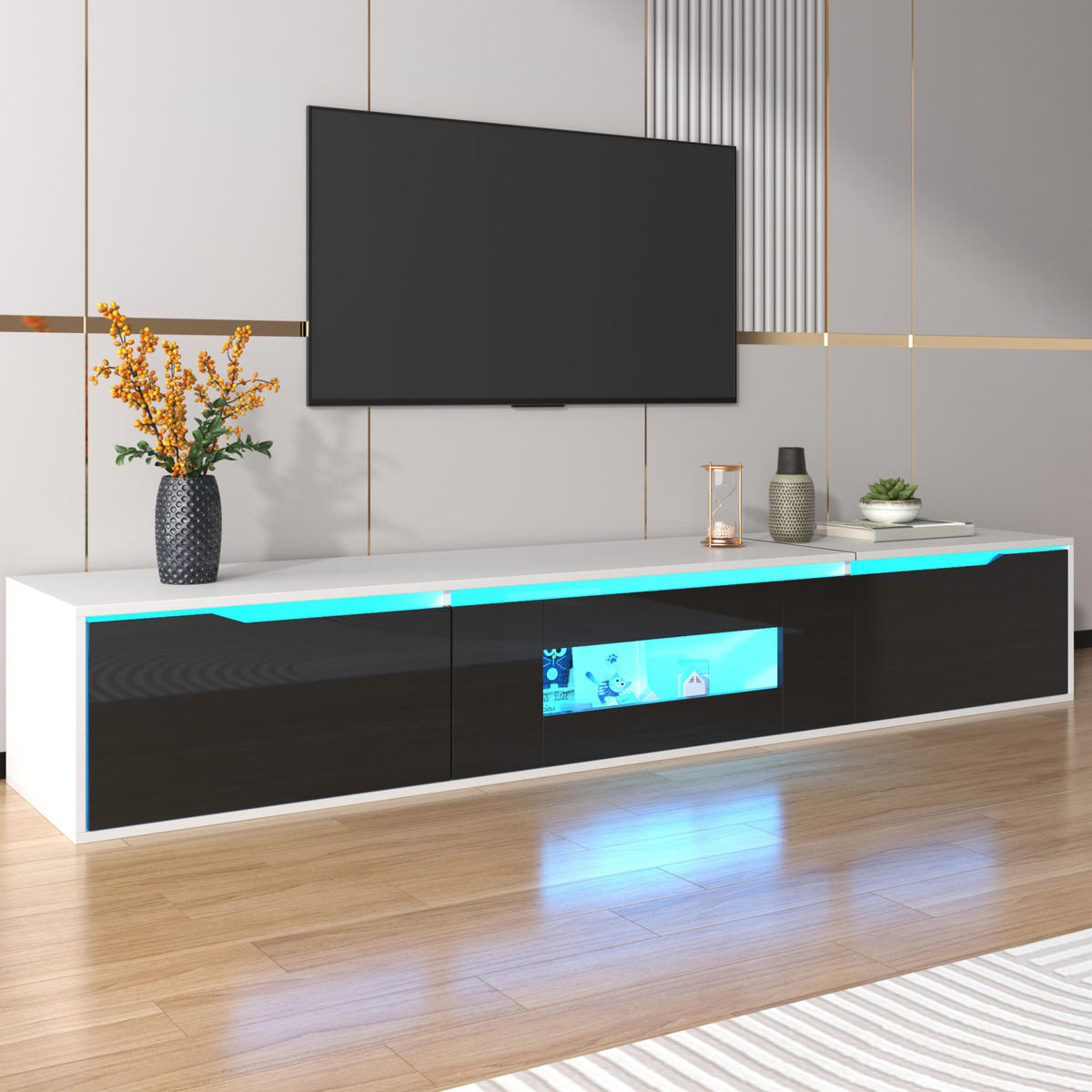TV-SCHRANK aus Holzwerkstoff 180x35x30 cm Weiß/Schwarz mit LED-Beleuchtung und geriffelten Türen - Schwarz, Holzwerkstoff (180/35/30cm) - Modfu