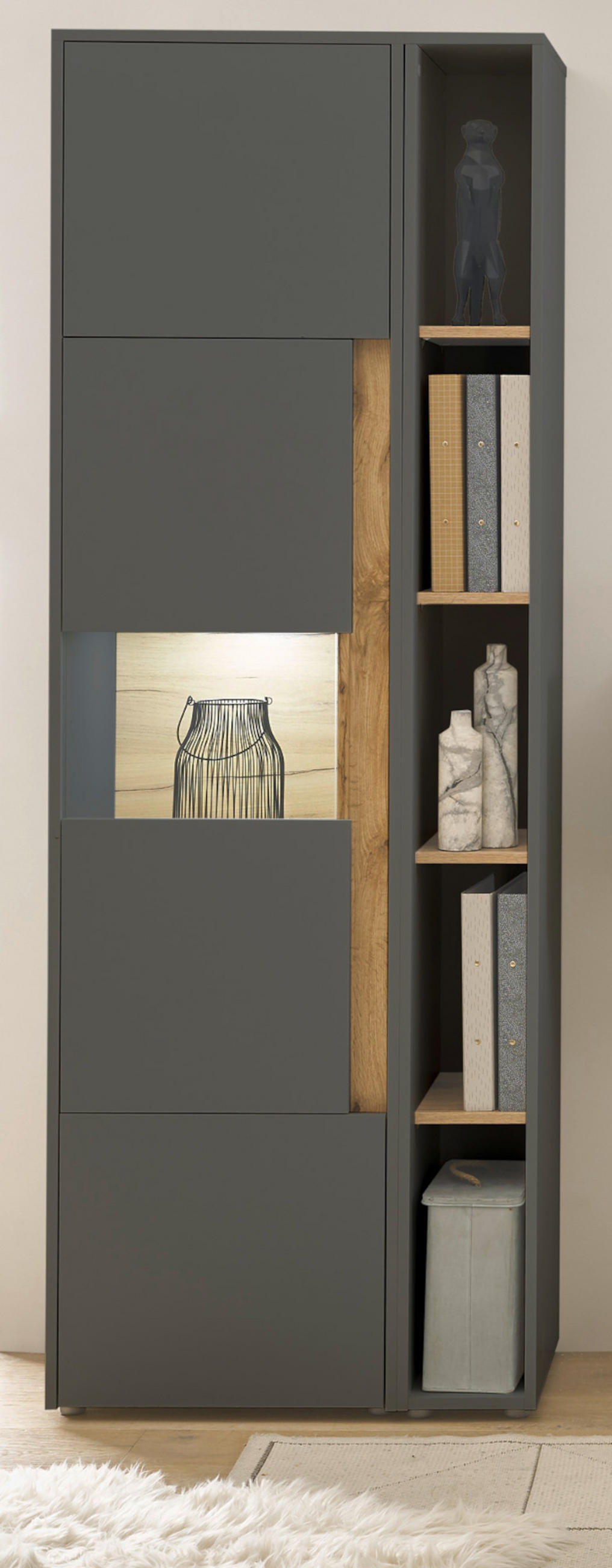 AKTENSCHRANK Set 2-teilig grau matt, Wotan Eiche, Regal-Vitrine-Kombination mit 5 Ordnerhöhen - Eichefarben/Eiche Wotan, Holz/Holzwerkstoff (70/200/40cm) - Furn.Design