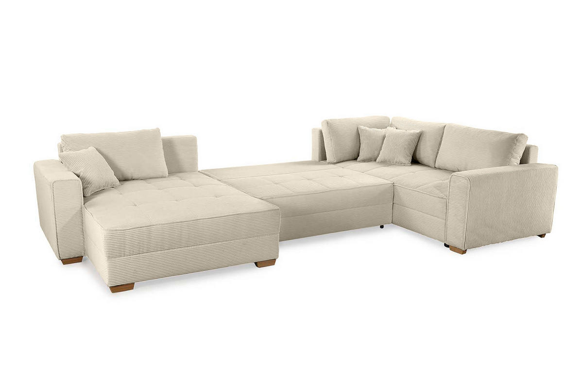 WOHNLANDSCHAFT Schlaffunktion Bettkasten Wellenunterfederung, spiegelverkehrt montierbar U-Form B379/T227/H86 cm, Cord Beige Grau / 15200 - Greige/Eichefarben, Holz/Textil (379/86/227cm) - luma-home