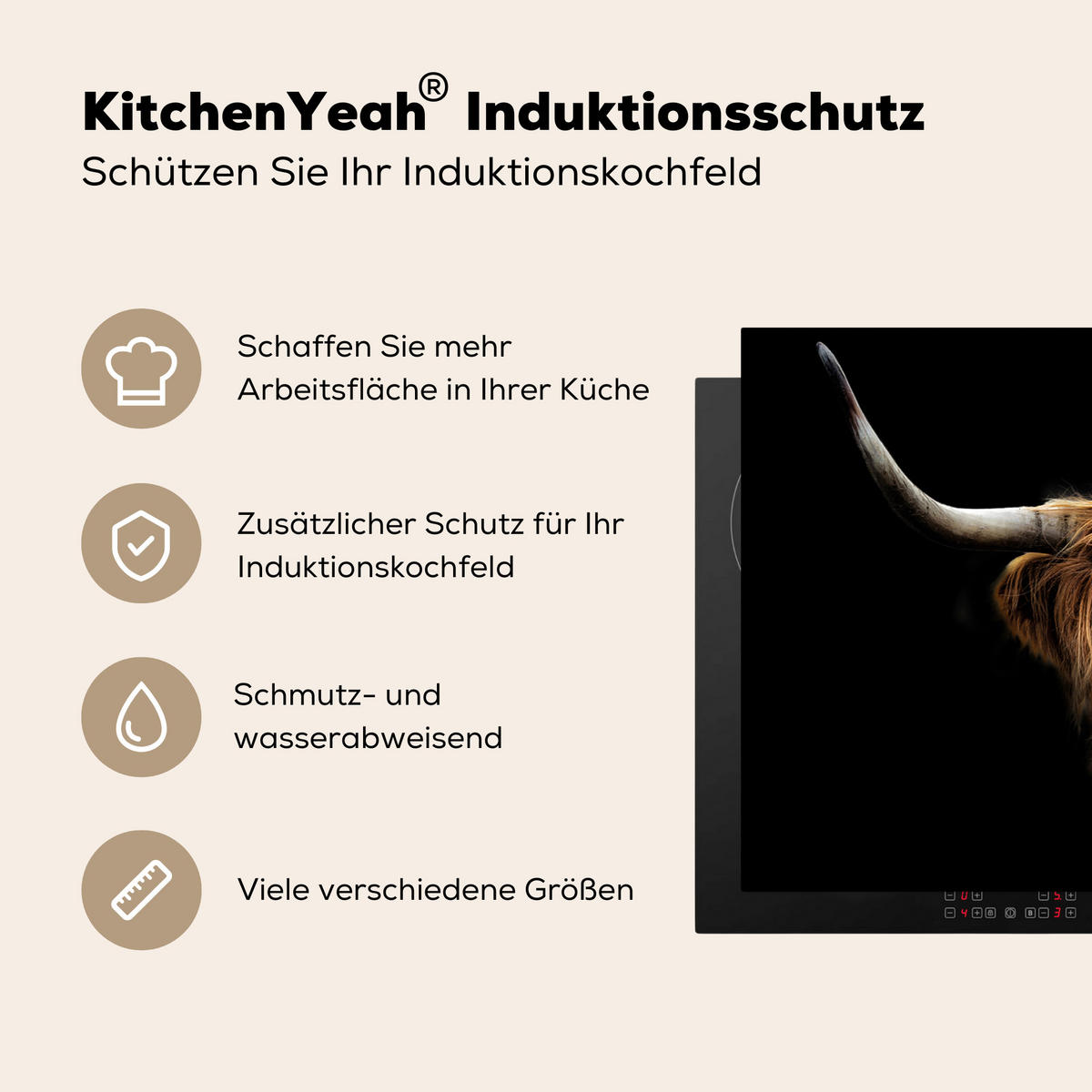 HERDABDECKPLATTE Schottischer Highlander - Hörner - Schwarz - Tiere - Natur - Wild - Kuh Induktionsschutz 89.6x51.6 cm - Cognac, Kunststoff (89.6/51.6/0.2cm) - MuchoWow