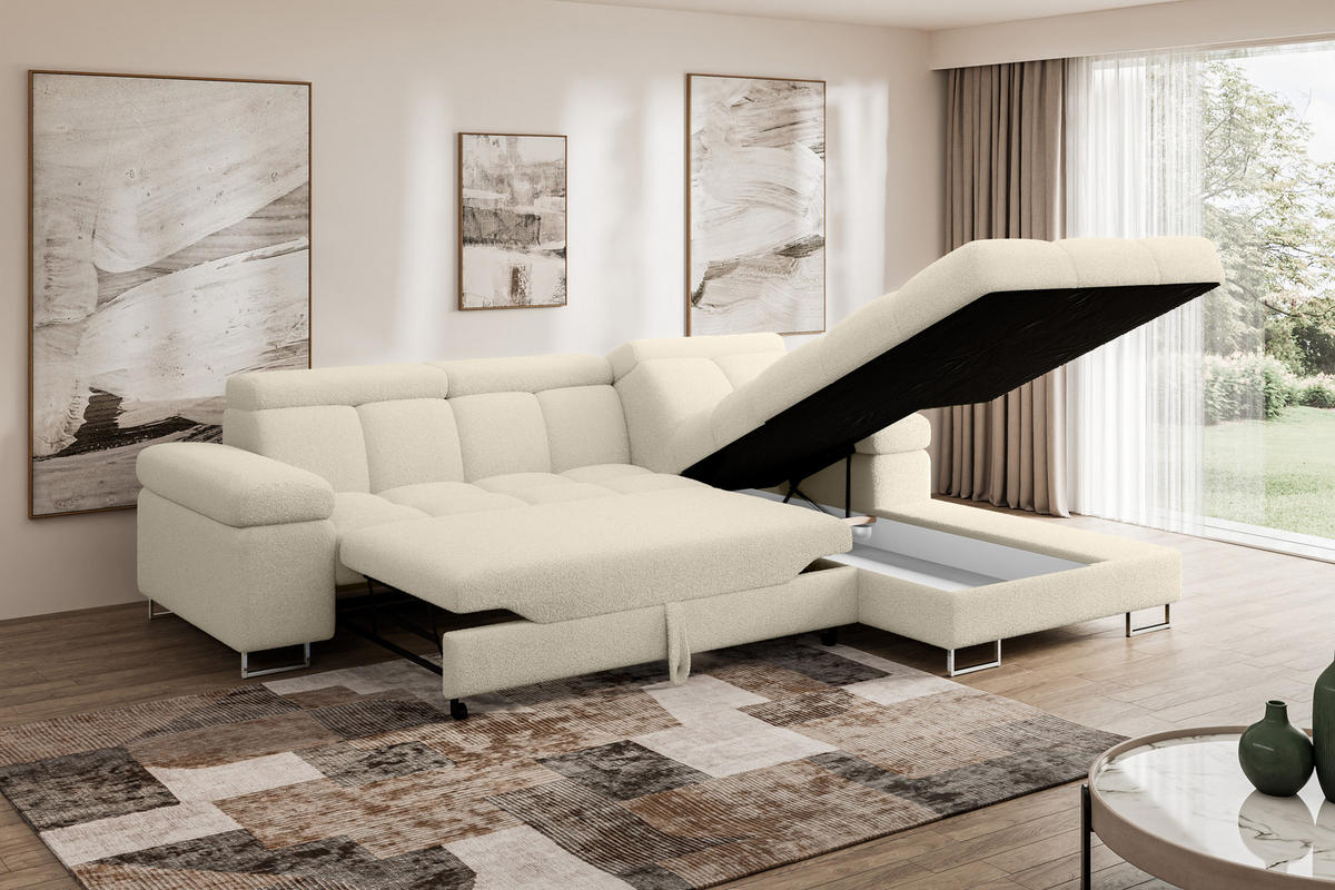 ECKSOFA mit Schlaffunktion Ottomane Rechts COMA L 271x203x79 Beige Bouclé - Sandfarben, Holzwerkstoff/Textil (203/271cm) - ALTDECOR