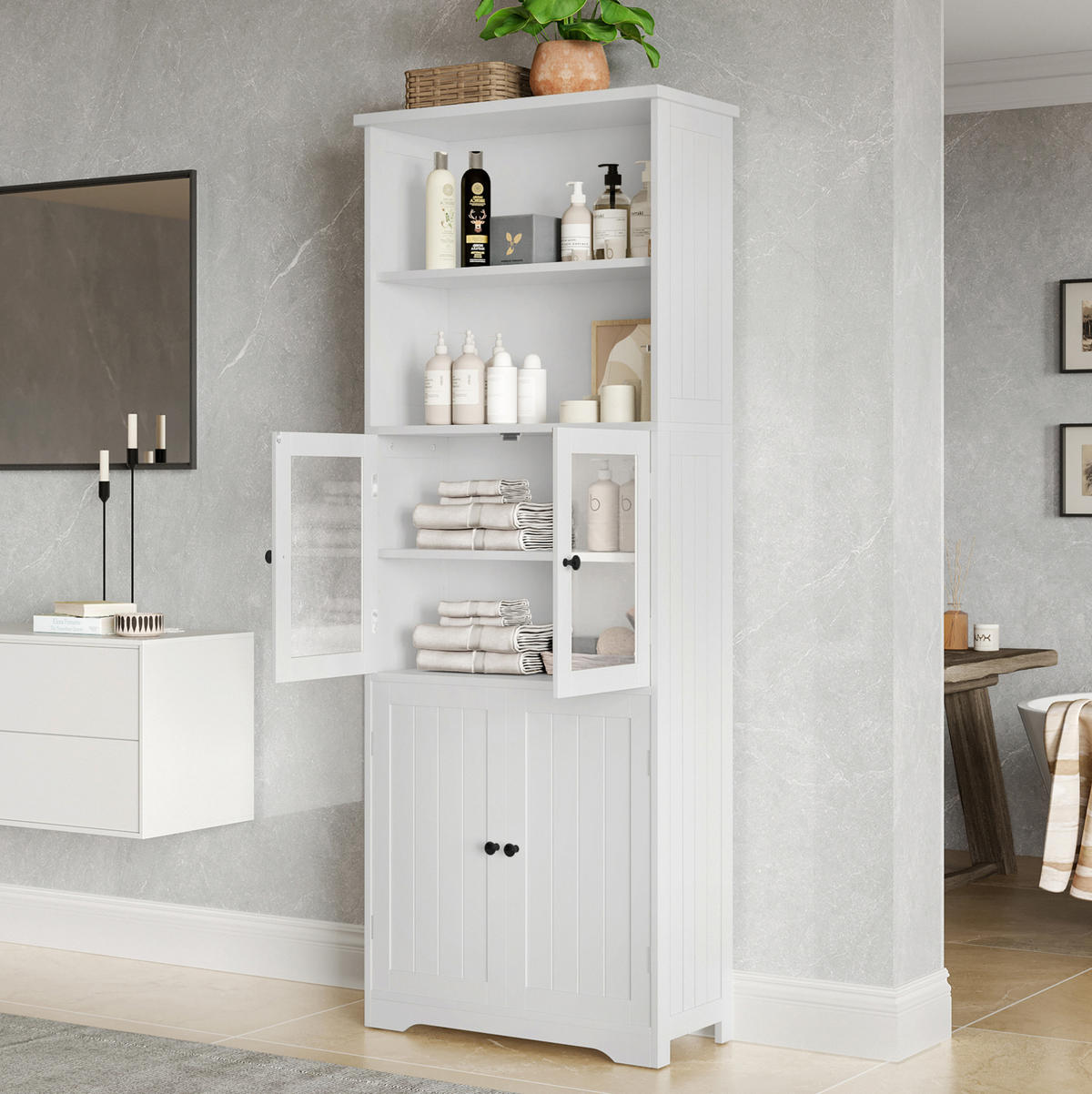 HOCHSCHRANK aus lackiertem MDF mit Glastür und verstellbaren Einlegeböden, 57,5/28,5/160 cm, Weiß - Weiß, Holzwerkstoff (57.4/160/28.5cm) - Redom