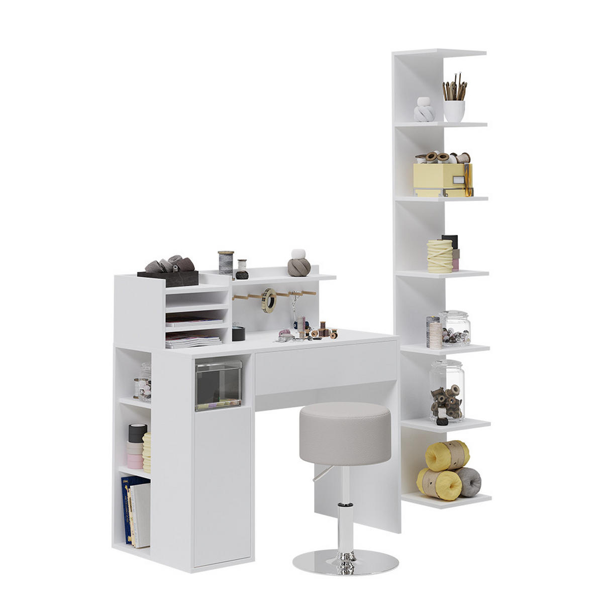 SCHREIBTISCH Weiß 3 Teile, mit Bücherregal und Hocker - Weiß, Holzwerkstoff (50/100/100cm) - Vicco