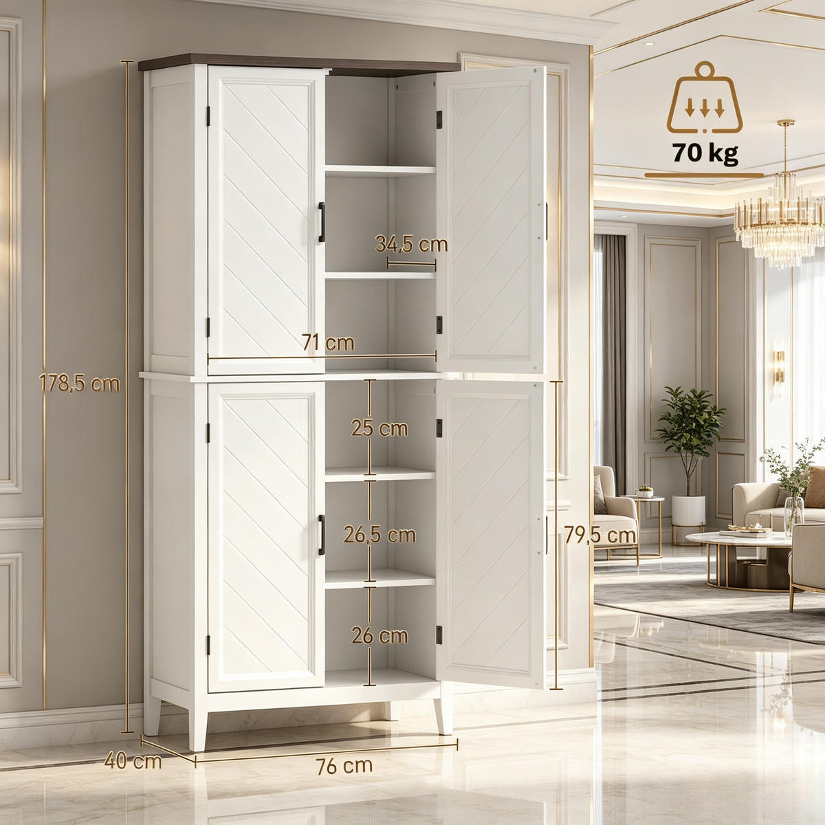 HIGHBOARD DE-38829 76/40/178,5 cm 4 Glastüren und 4 verstellbare Regale Weiß/Braun - Weiß, Holzwerkstoff (76/178.5/40cm) - ComfortXL