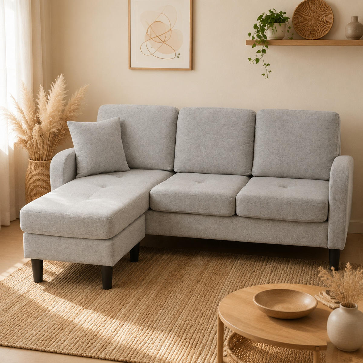 ECKSOFA mit Baumwoll-Leinen-Bezug Grau 166x118x77 cm, Chaiselongue links oder rechts stellbar - Hellgrau, Kunststoff (118/166cm) - IVMEU