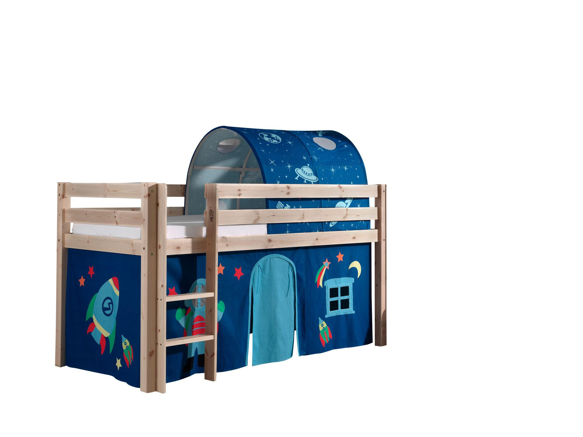 KINDERBETT Karolina 210x114x106 Massivholz Natur Textilset Astro 2 - Blau/Kieferfarben, Holz (90/200cm) - 58aufmkessel