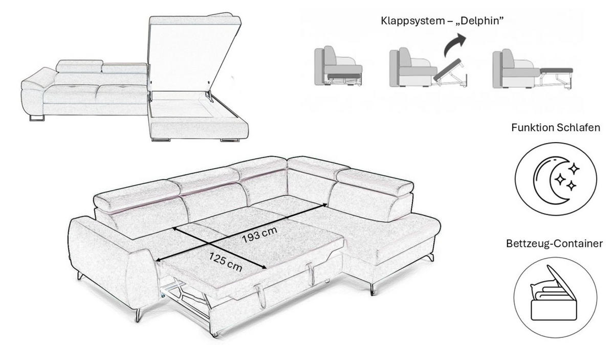 ECKSOFA FALIO L-Form Mit Schlaffunktion Im Modernen Stil Für Das Wohn Und Schlafzimmer Grau Rechts - Grau, Holz/Textil (275/202cm) - Kaiser Möbel