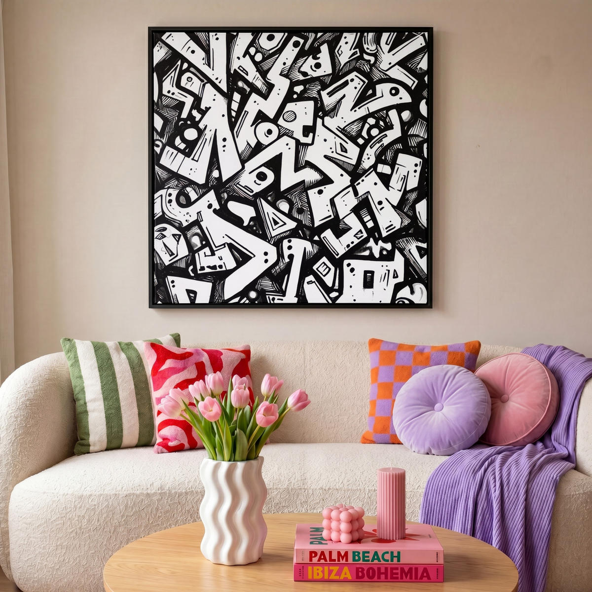 LEINWAND Bilder mit Rahmen - Formen - Buchstaben - Graffiti - Schwarz - 90x90 - Schwarz, Textil (90/90cm) - MuchoWow