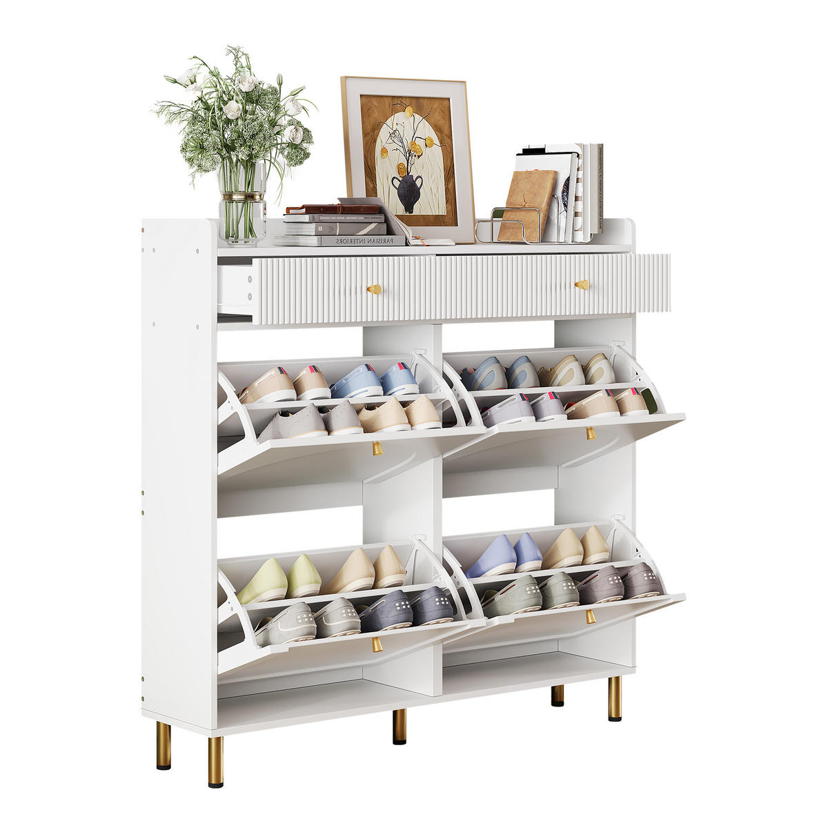 SCHUHSCHRANK schmal 4 Türen Weiß 106.5x25x105.5cm - Weiß, Holzwerkstoff (25/105.5/106.5cm) - FLIEKS