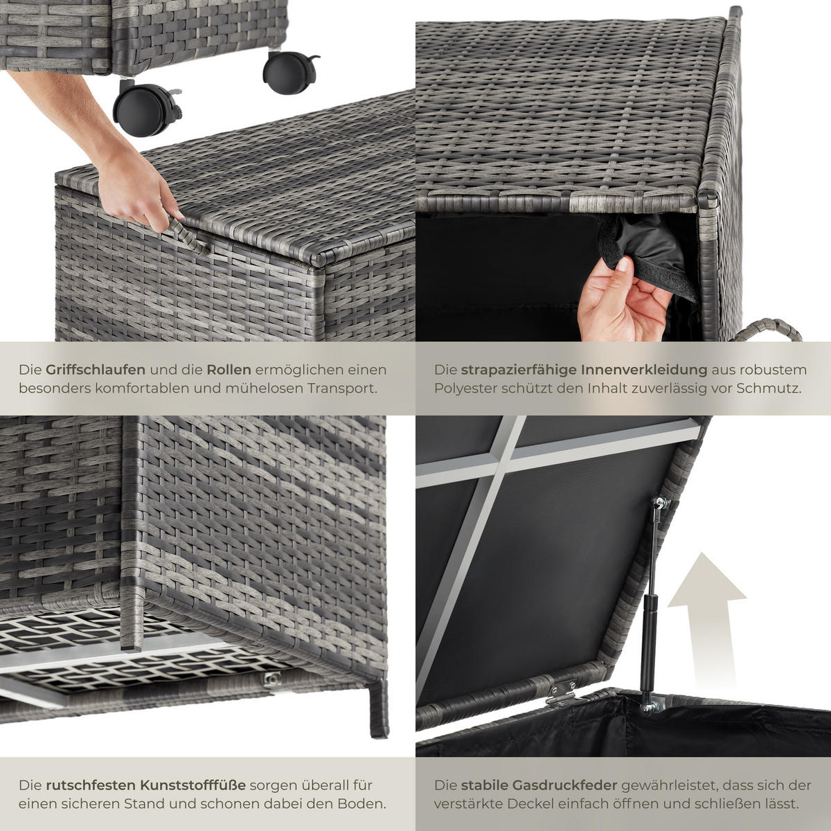 AUFLAGENBOX Kuusamo,117 x 54 x 64 cm,grau - Grau, Kunststoff (54.5/63/117cm) - tectake