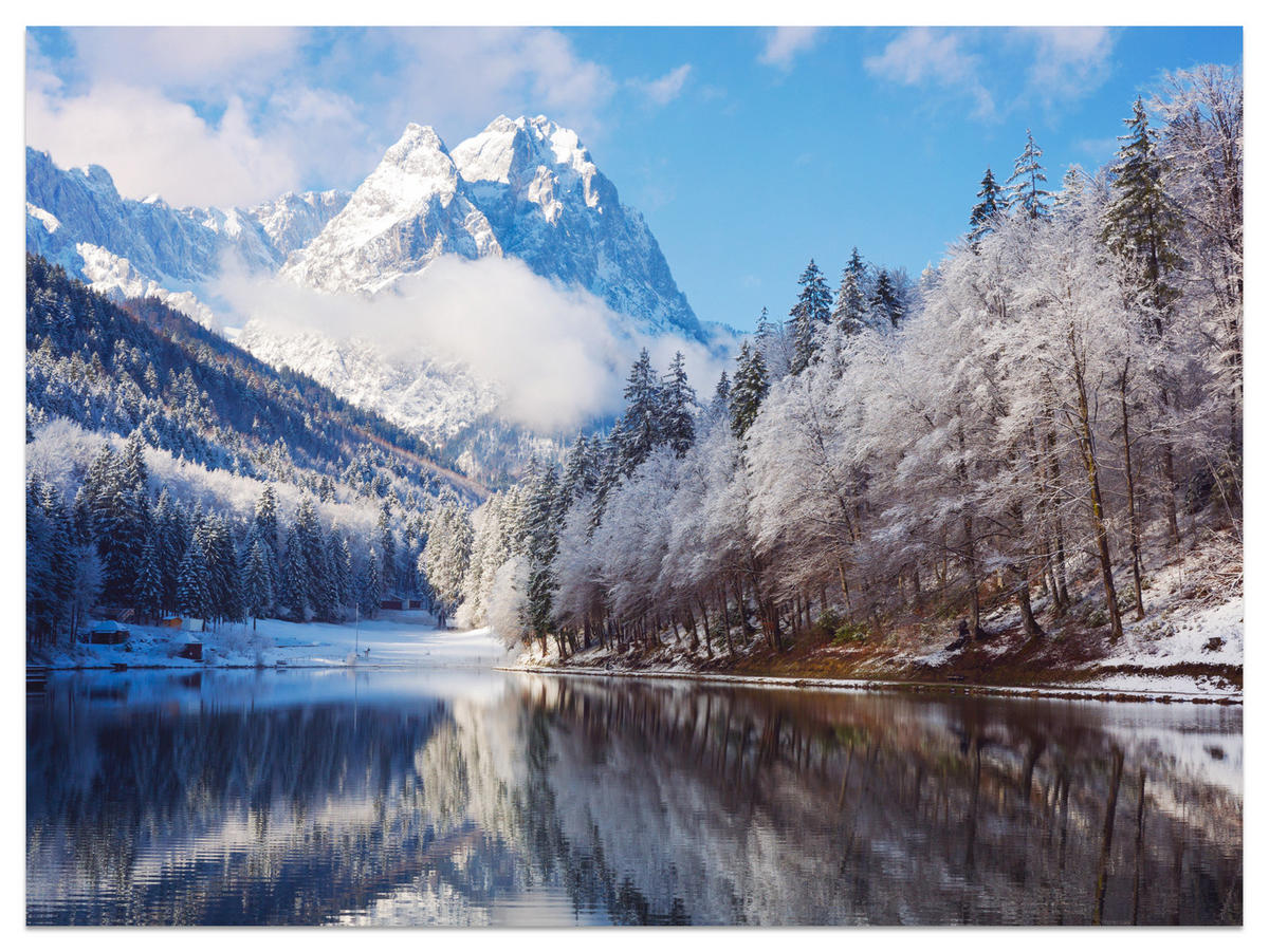 FOTOTAPETE für Wohnzimmer Winterberglandschaft See Nadelwald Schnee 300x210 - Blau/Braun, Papier (300/210cm) - Muralo