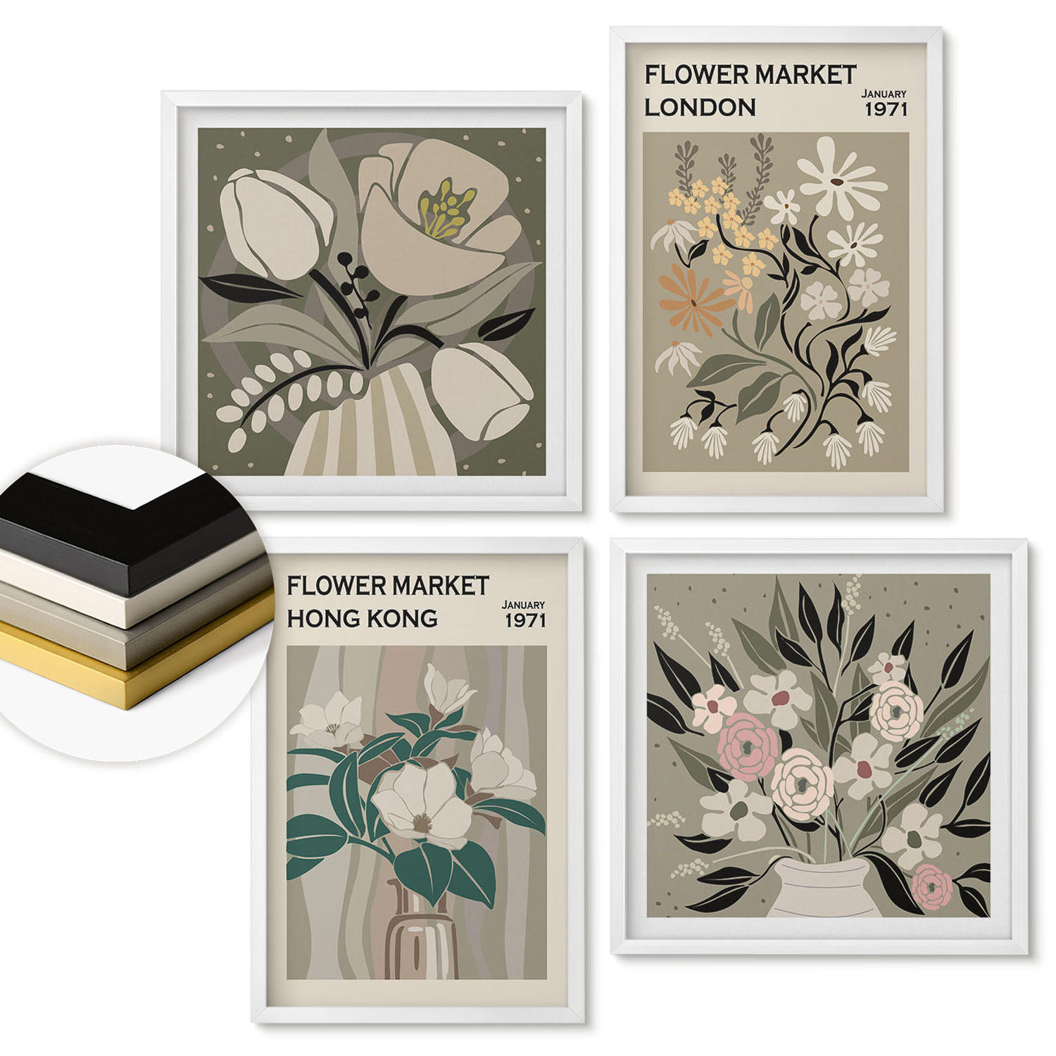 WANDBILDER 4er-Set - 50x50 cm & 40x60 cm Weißer Rahmen - Blumenillustrationen London Hongkong - Weiß, Kunststoff (50/50cm) - ArtPrintCave