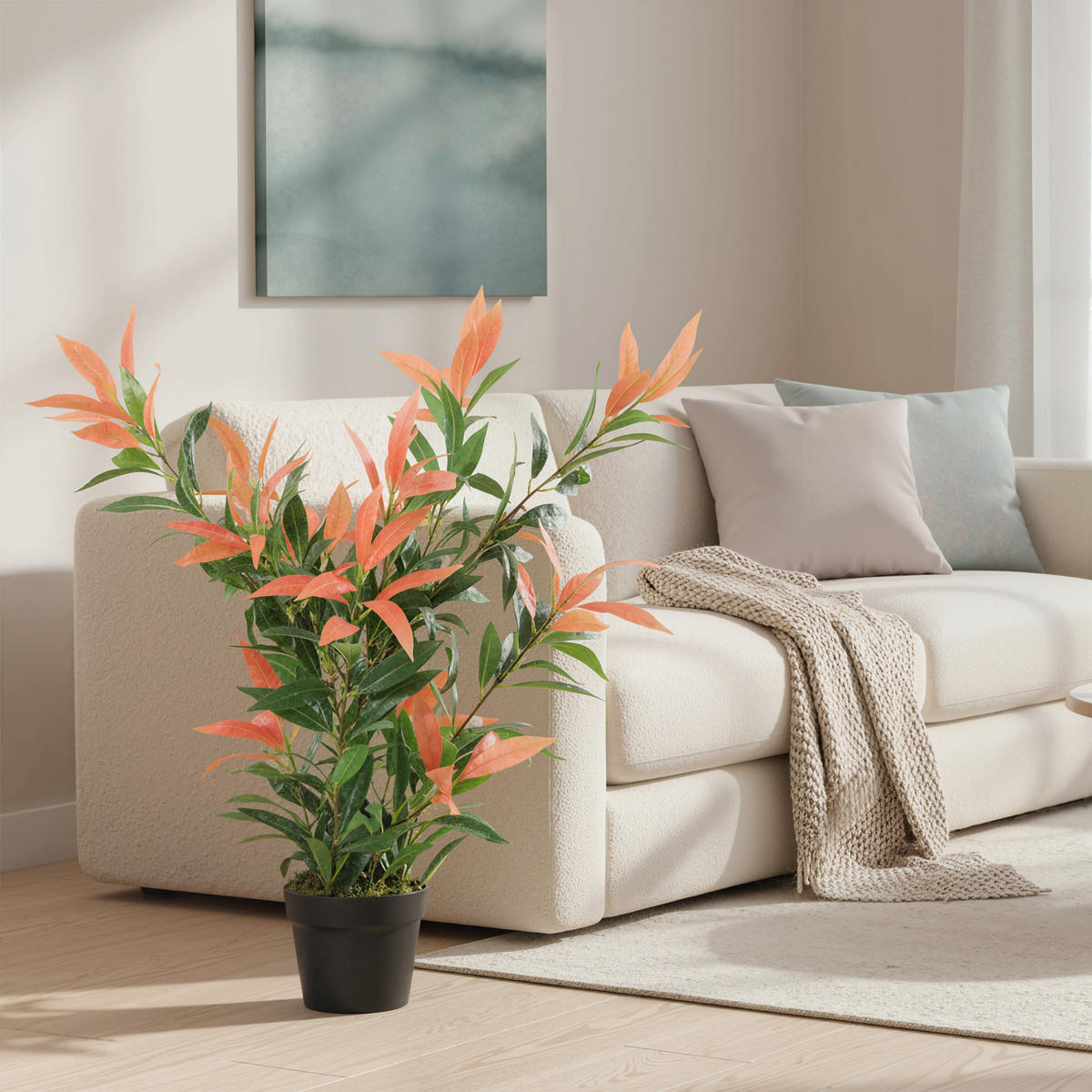 KÜNSTLICHE Glanzmispel 90 cm Kunstpflanze mit 300 Blättern künstliche Pflanze - Rot/Multicolor, Kunststoff (90cm) - HOMCOM