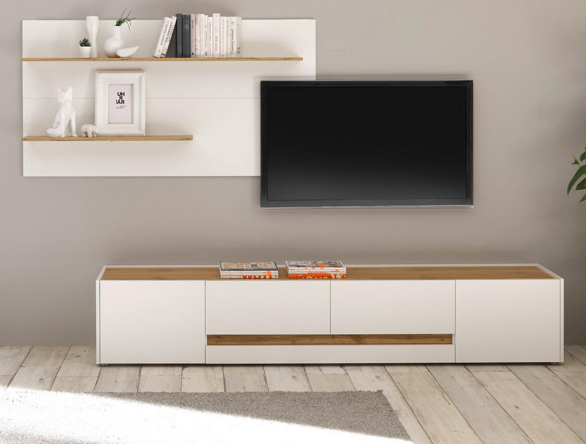 WOHNWAND 2-teilig weiß, Eiche Wotan 300 cm, Schrankwand mit XL-Lowboard - Eiche Wotan/Schwarz, Glas/Holz (300/180/45cm) - Furn.Design