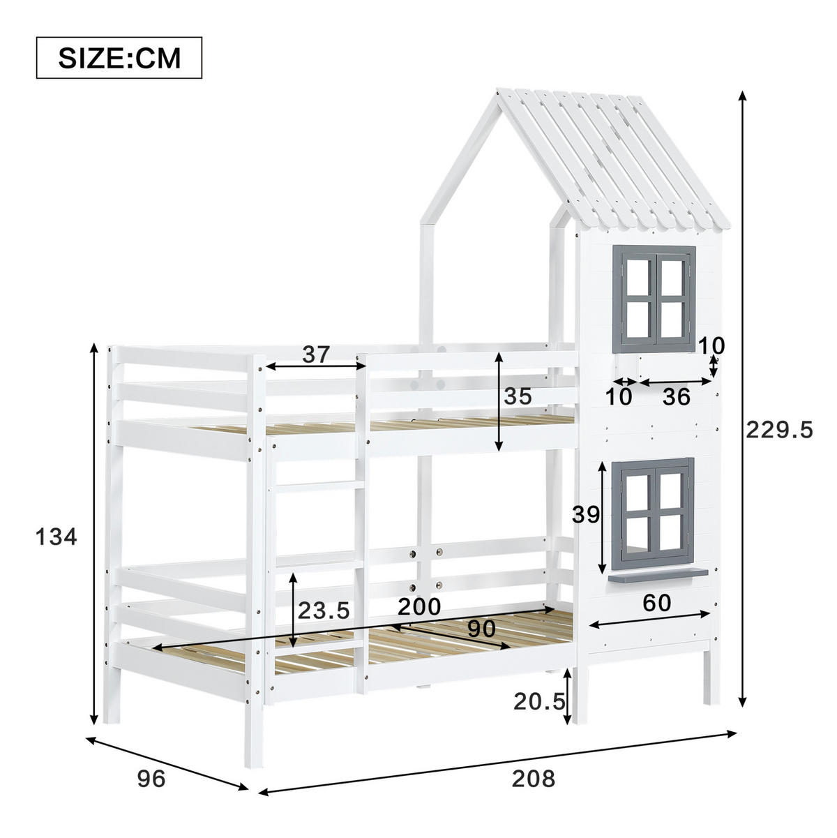 POSCHODOVÁ posteľ 90/200 cm biela/sivá s oknami a zábradlím z masívu a MDF - biela, kompozitné drevo (90/200cm) - OKWISH