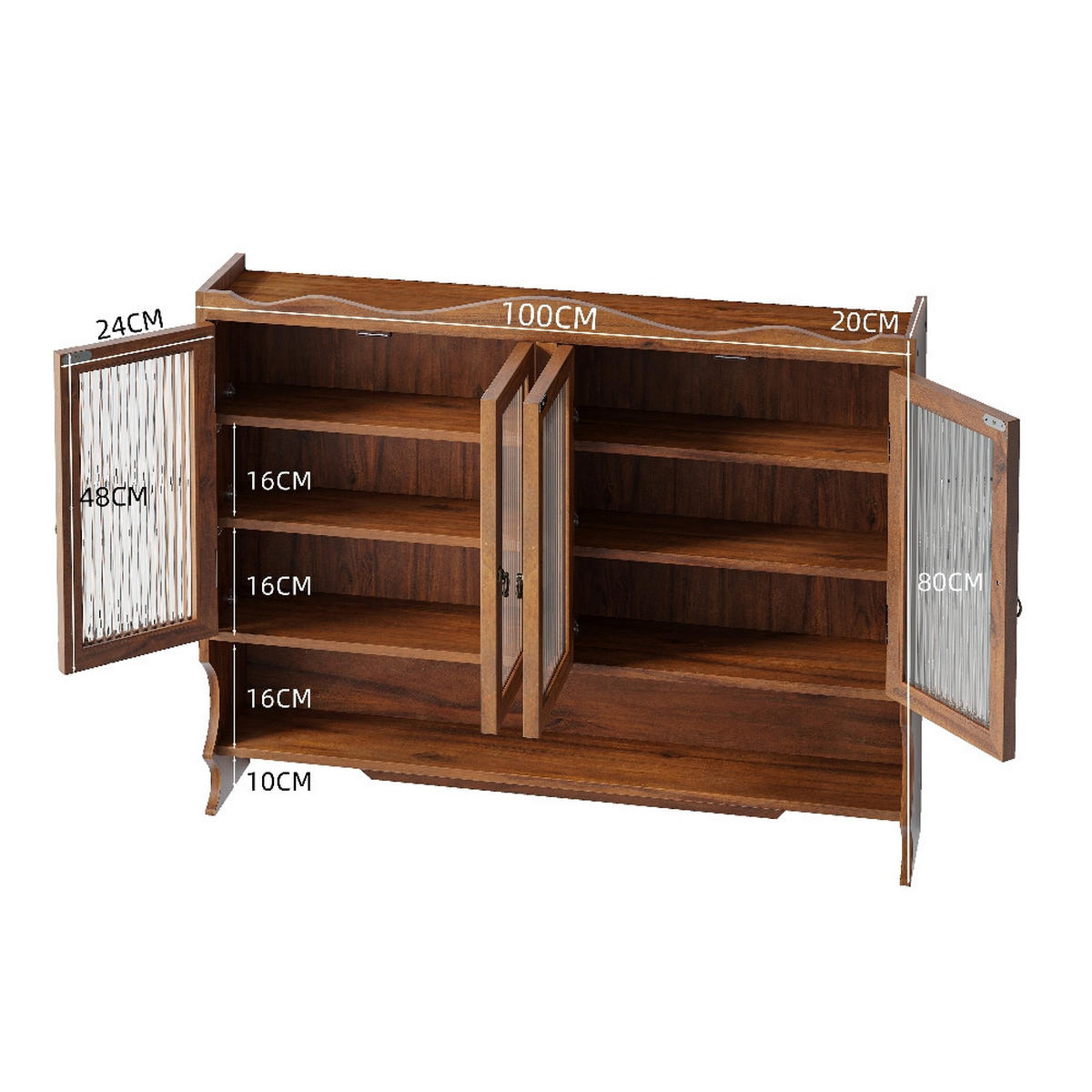 KÜCHENSCHRANK MIT 4 TÜREN UND HAKENLEISTE, Massivholz und Glas, Braun, Retro Badezimmerschrank, 100/80/20 cm - Braun, Kunststoff (20/80/100cm) - Rolipo