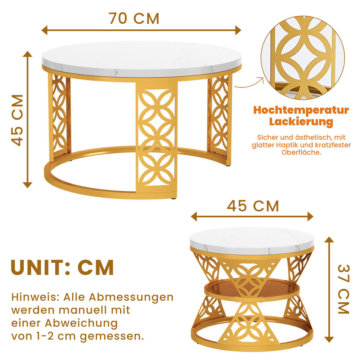 COUCHTISCH in Goldfarben Hitzebeständiger Wohnzimmertisch mit Marmor-Optik Platte Sofatisch mit Metallgestell - Goldfarben/Weiß, Holzwerkstoff/Metall (70/70/45cm) - STILVORA