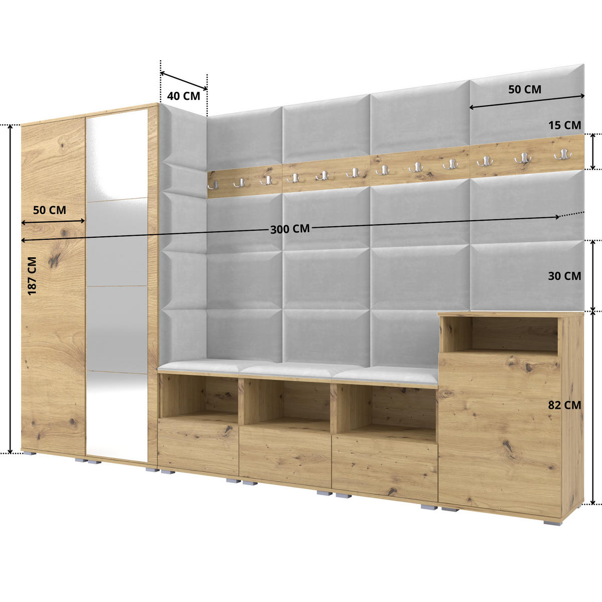 GARDEROBE NELA XII 300 cm (Modulare Flurmöbel Artisan Eiche mit Spiegel & Sitzpolster Hellgrau 32 Gigantisches Set) - Silberfarben/Hellgrau, Holz/Holzwerkstoff (300/187/40cm) - Ravio