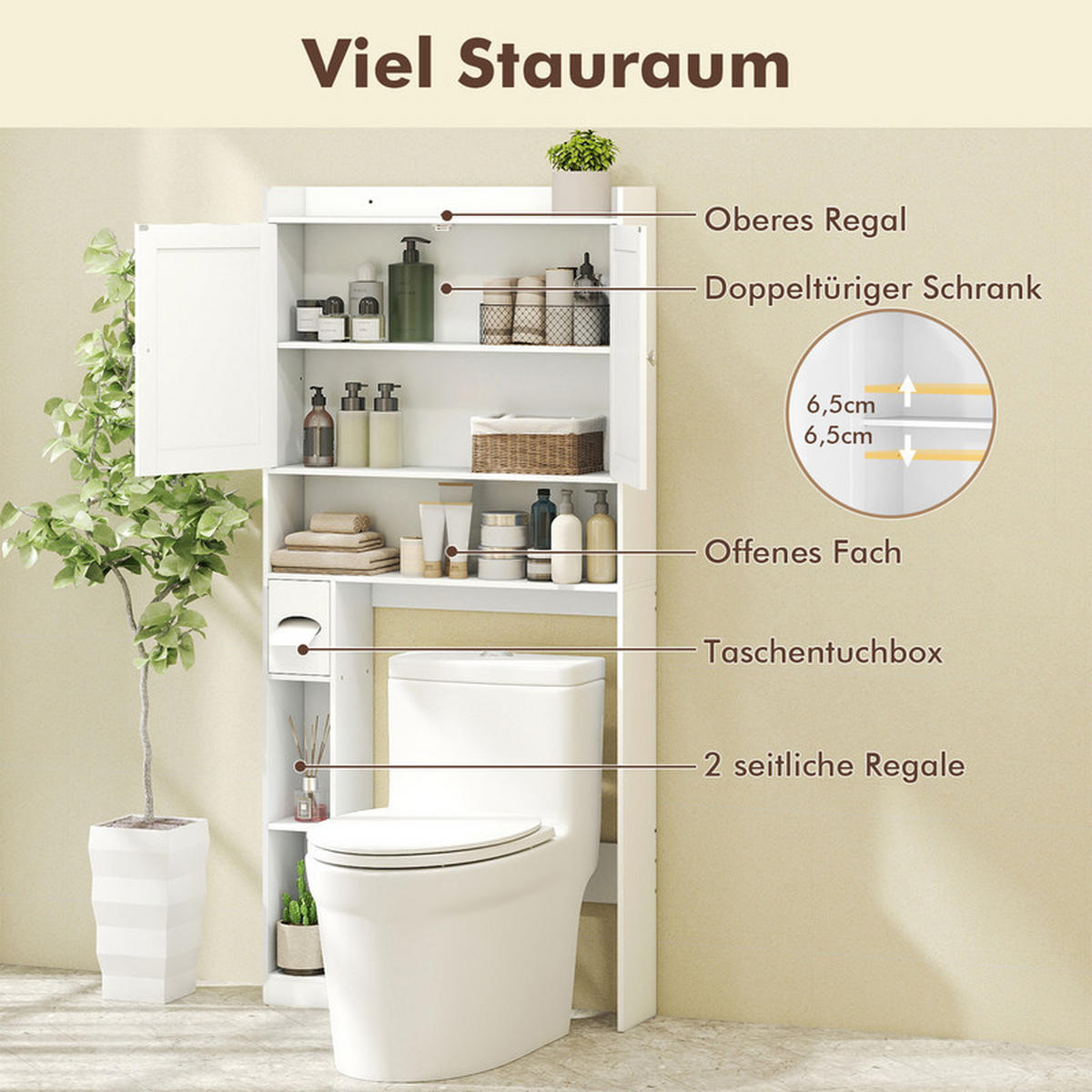 TOILETTENSCHRANK mit Doppeltüren weiß - Weiß, Holzwerkstoff (81.5/172.5/19.5cm) - COSTWAY