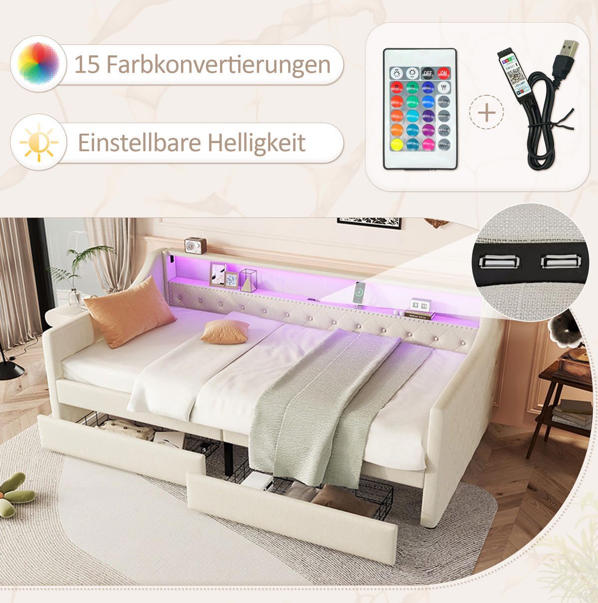 KREVET 90/200 cm sa LED ambijentalnim osvjetljenjem, USB priključkom i dvije ladice, Bež - bež, tekstil (90/200cm) - Redom