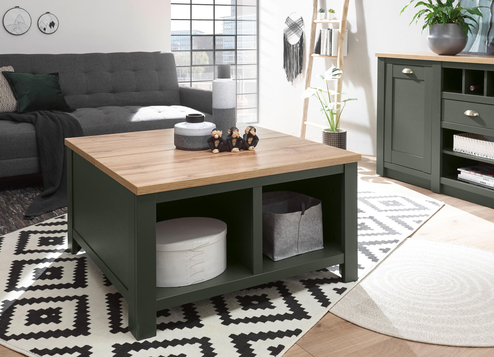 COUCHTISCH grün, Wotan Eiche Landhaus, Beistelltisch quadratisch mit Truhe - Dunkelgrün/Eiche Wotan, Holzwerkstoff (93/93/50cm) - Furn.Design