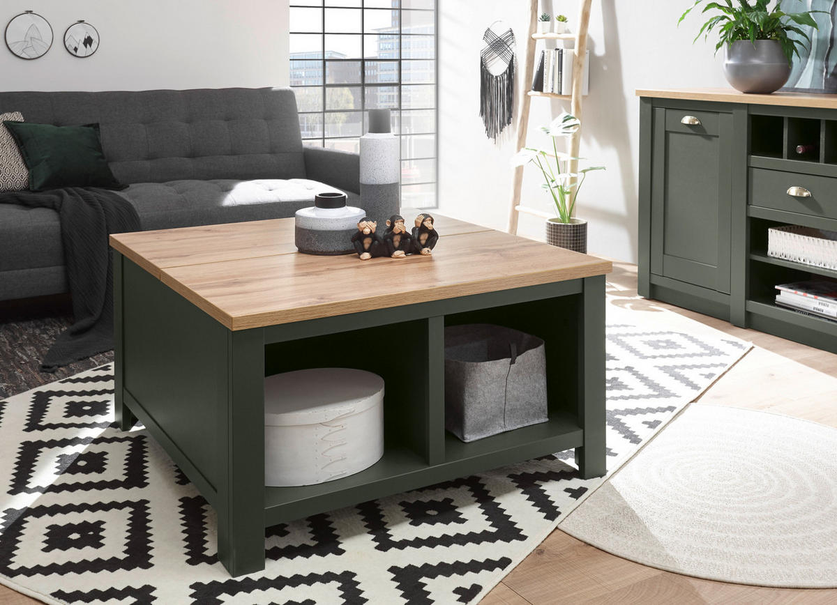 COUCHTISCH grün, Wotan Eiche Landhaus, Beistelltisch quadratisch mit Truhe - Dunkelgrün/Eiche Wotan, Holzwerkstoff (93/93/50cm) - Furn.Design