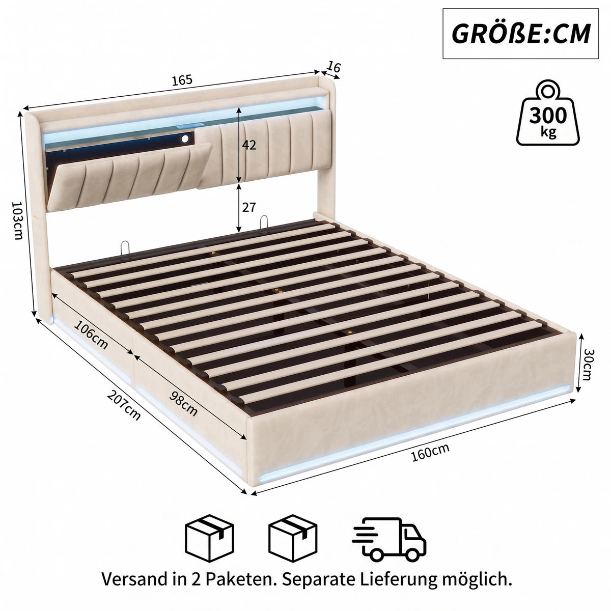 POLSTERBETT 160x200 cm mit Bettkasten, Doppelbett , USB und LED, Lattenrost und Stauraum, Samt Beige - Beige, Holz/Textil (160/200cm) - GENKI LIVING