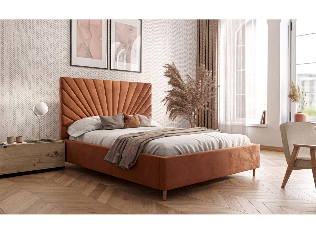 POLSTERBETT SUNNY 140x200 cm Magic Velvet 2242, 34 Holzlatten, Kopfteil 131 cm - Orange, Textil (140/200cm) - Lookway