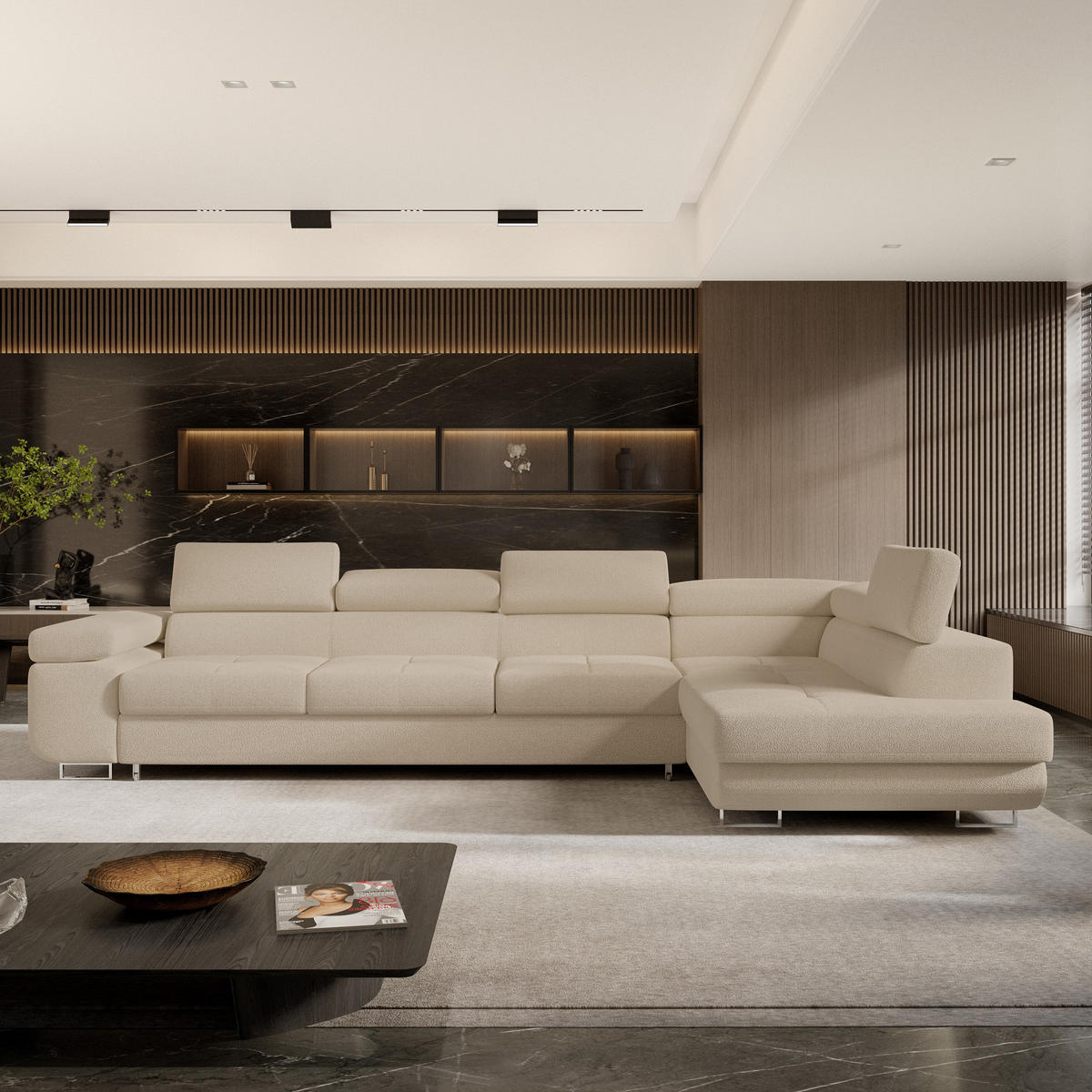 ECKSOFA VICENTE Beige Boucle-Stoff mit Schlaffunktion - Beige, Holz (346/202cm) - MASSENO