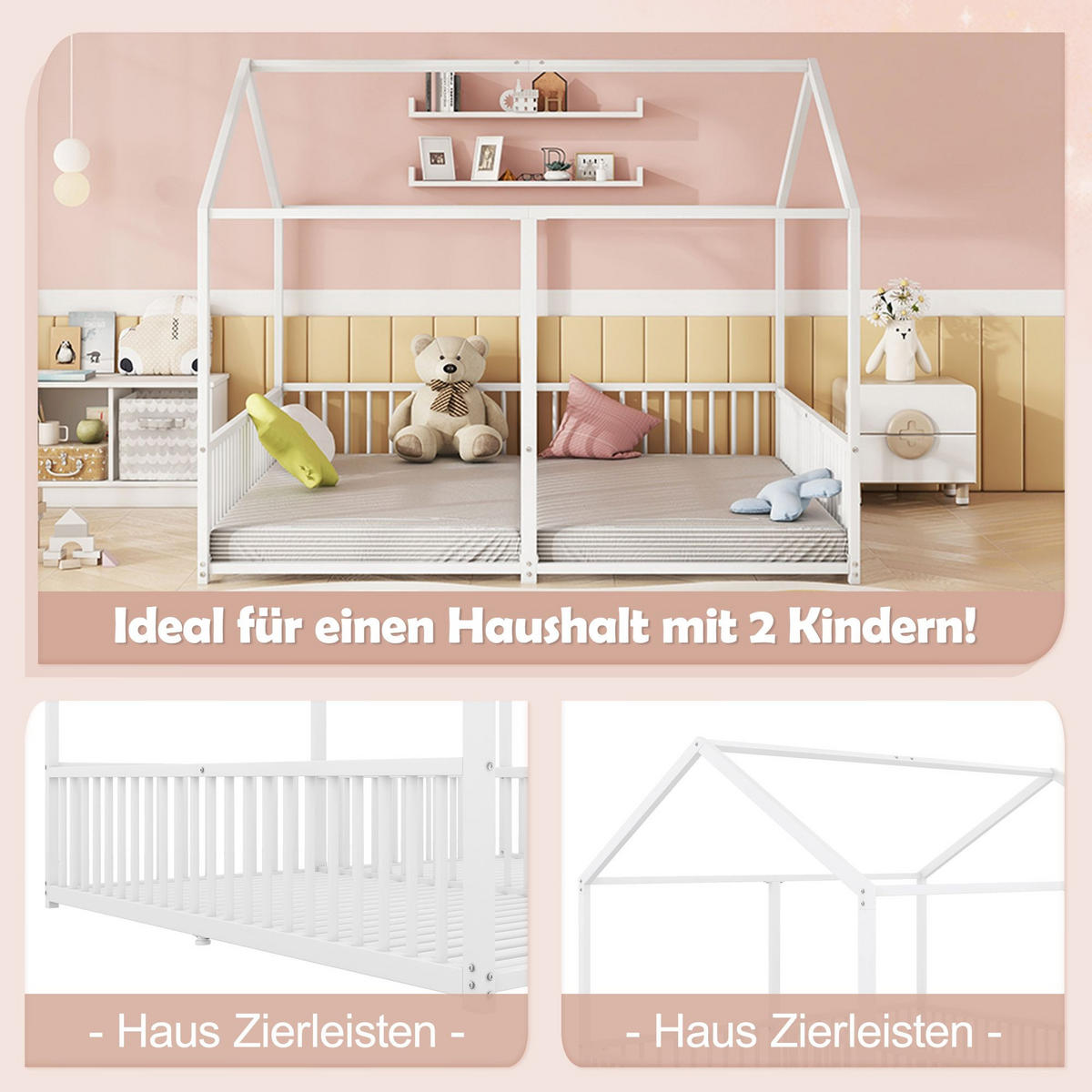HAUSBETT 90x200cm in Weiß，Doppelbett Design - Weiß, Metall (90/200cm) - KOMHTOM
