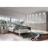SCHLAFZIMMER Sentara in Weiß und Kieselgrau 4-teilig mit Kleiderschrank 300cm Breite inklusive Beleuchtung, Doppelbett 180x200cm, zwei Nachttische - Weiß, Holzwerkstoff (80/200/120cm)