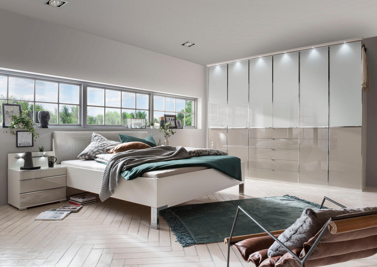 SCHLAFZIMMER Sentara in Weiß und Kieselgrau 4-teilig mit Kleiderschrank 300cm Breite inklusive Beleuchtung, Doppelbett 180x200cm, zwei Nachttische - Weiß, Holzwerkstoff (80/200/120cm)