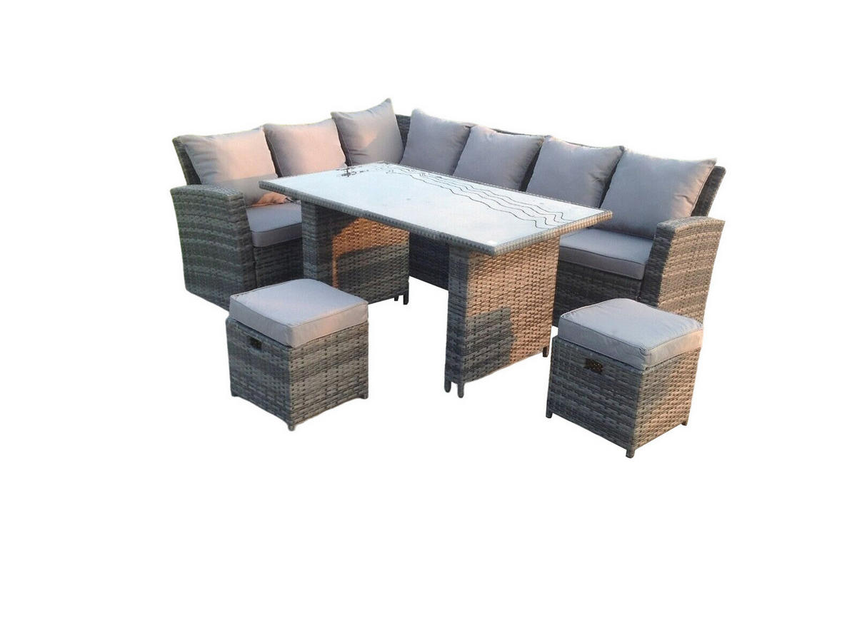 GARTENMÖBELSET linke Ecke Polyrattan Dunkelgrau 8-Sitzer - Dunkelgrau/Grau, Glas/Kunststoff - Fimous