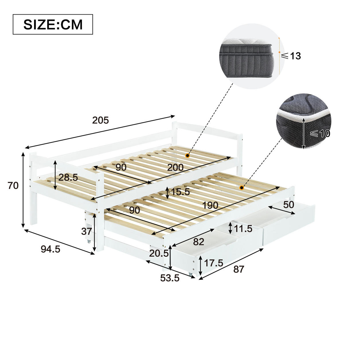 TAGESBETT 200/90 cm mit Ausziehbett 190/90 cm, 2 Schubladen und Massivholzrahmen, Weiß - Weiß, Holzwerkstoff (90/200cm) - Redom
