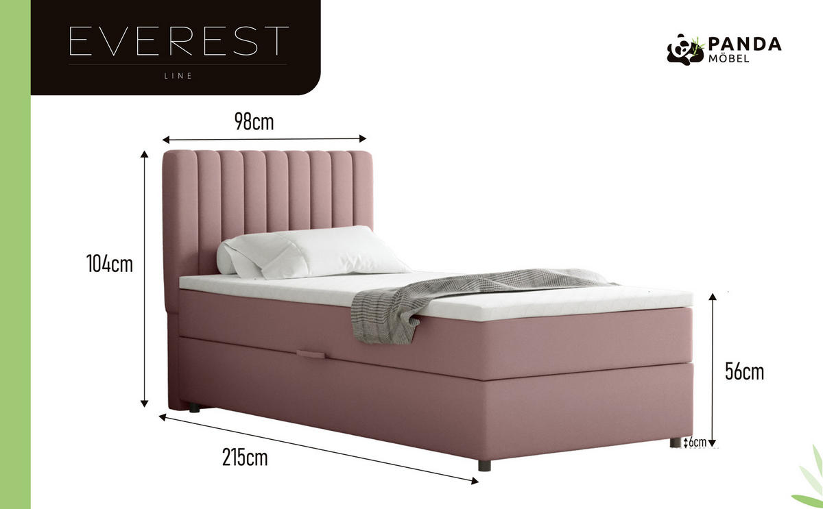 BOXBETT Everest 90 x 200 cm Einzelbett mit hochwertiger Bonell-Matratze und Topper - Rosa, Holz (90/200cm) - Panda Möbel