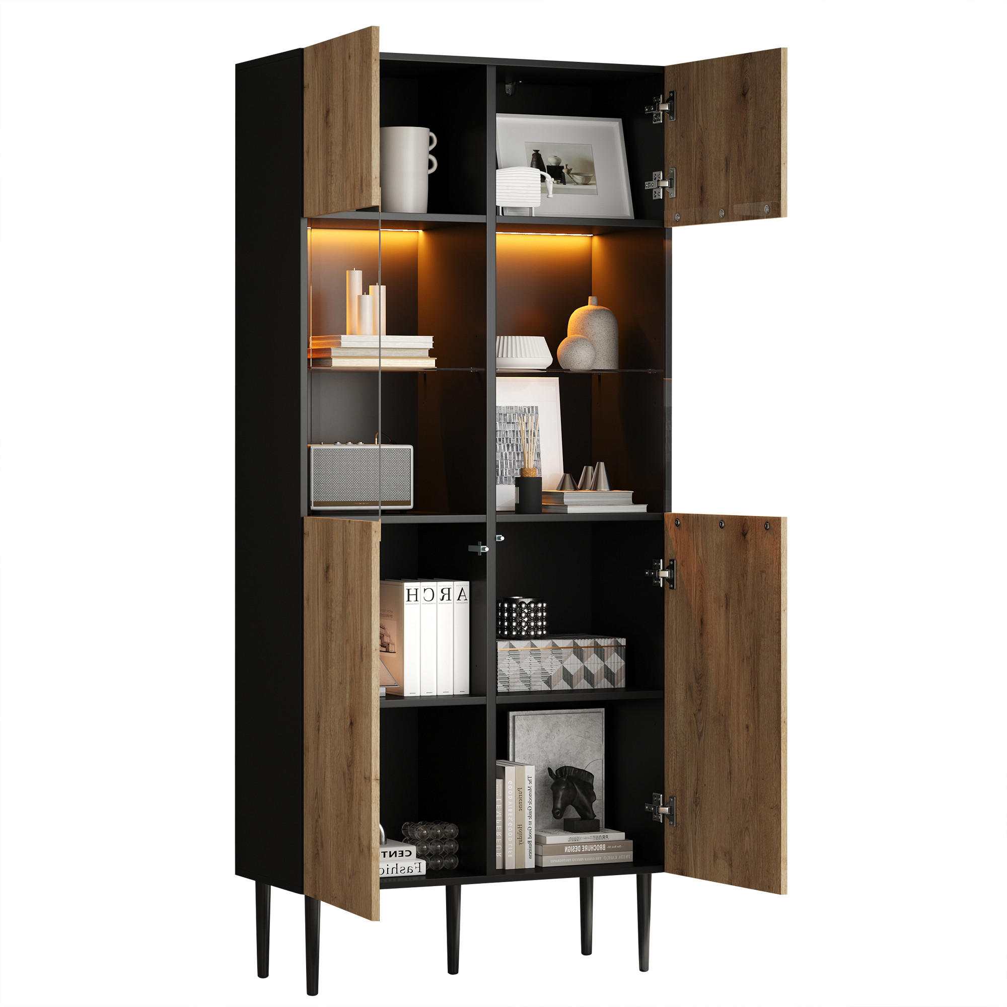 HIGHBOARD in Holzoptik Vitrine mit LED, 10 Staufächern und Glastüren, 80/35/180cm(B/H/T), fürs Wohnzimmer - Schwarz/Naturfarben, Glas/Holzwerkstoff (80/180/35cm) - STILVORA