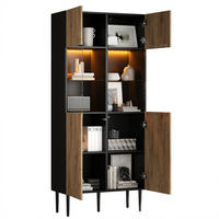 HIGHBOARD in Holzoptik Vitrine mit LED, 10 Staufächern und Glastüren, 80/35/180cm(B/H/T), fürs Wohnzimmer - Schwarz/Naturfarben, Glas/Holzwerkstoff (80/180/35cm) - STILVORA