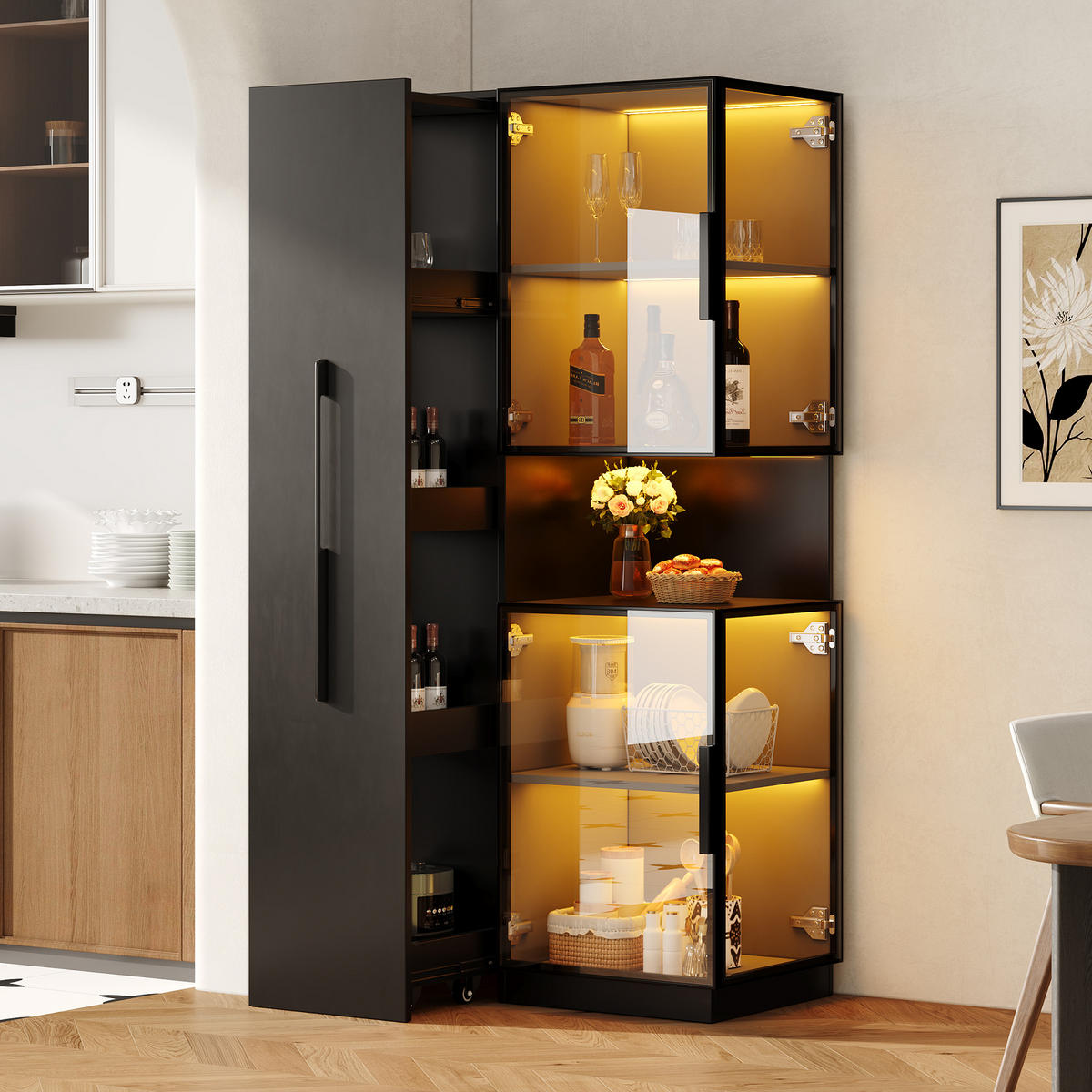 VITRINE LED Glasvitrine Ausziehregal Hochschrank 160cm Weiß - Schwarz, Glas (70/160/38cm) - FLIEKS
