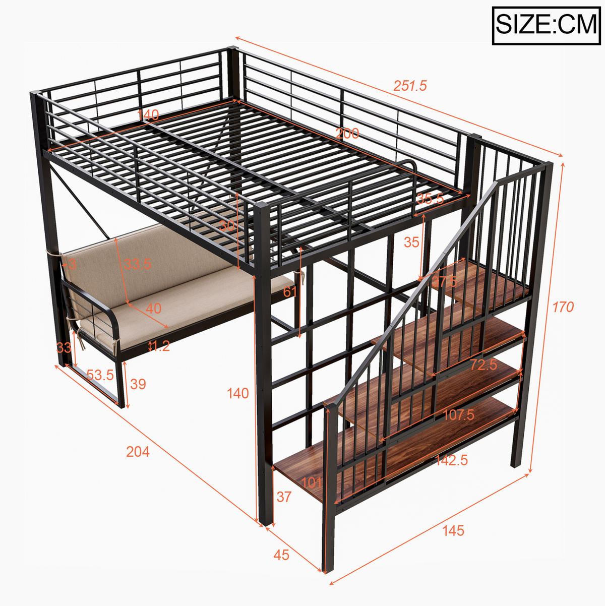 ETAGENBETT 140/200 cm mit abnehmbarem Polstersofa, Stauraumtreppe und Metallrahmen, Schwarz - Schwarz, Holzwerkstoff (140/200cm) - Redom