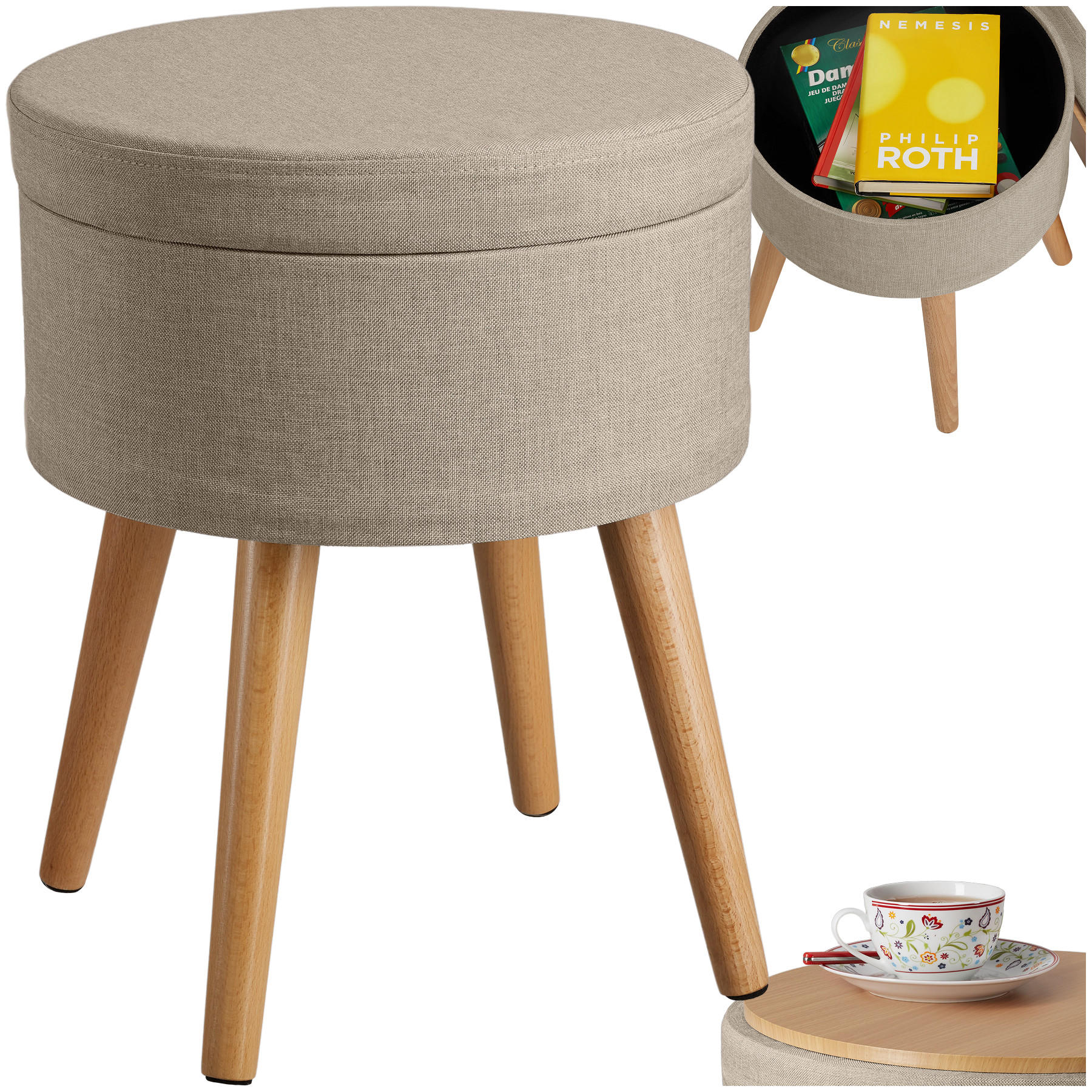 SITZHOCKER mit Stauraum Yara,42,5 x 42,5 x 45,5 cm,Sand - Sandfarben, Holz (42.5/45.5/42.5cm) - tectake