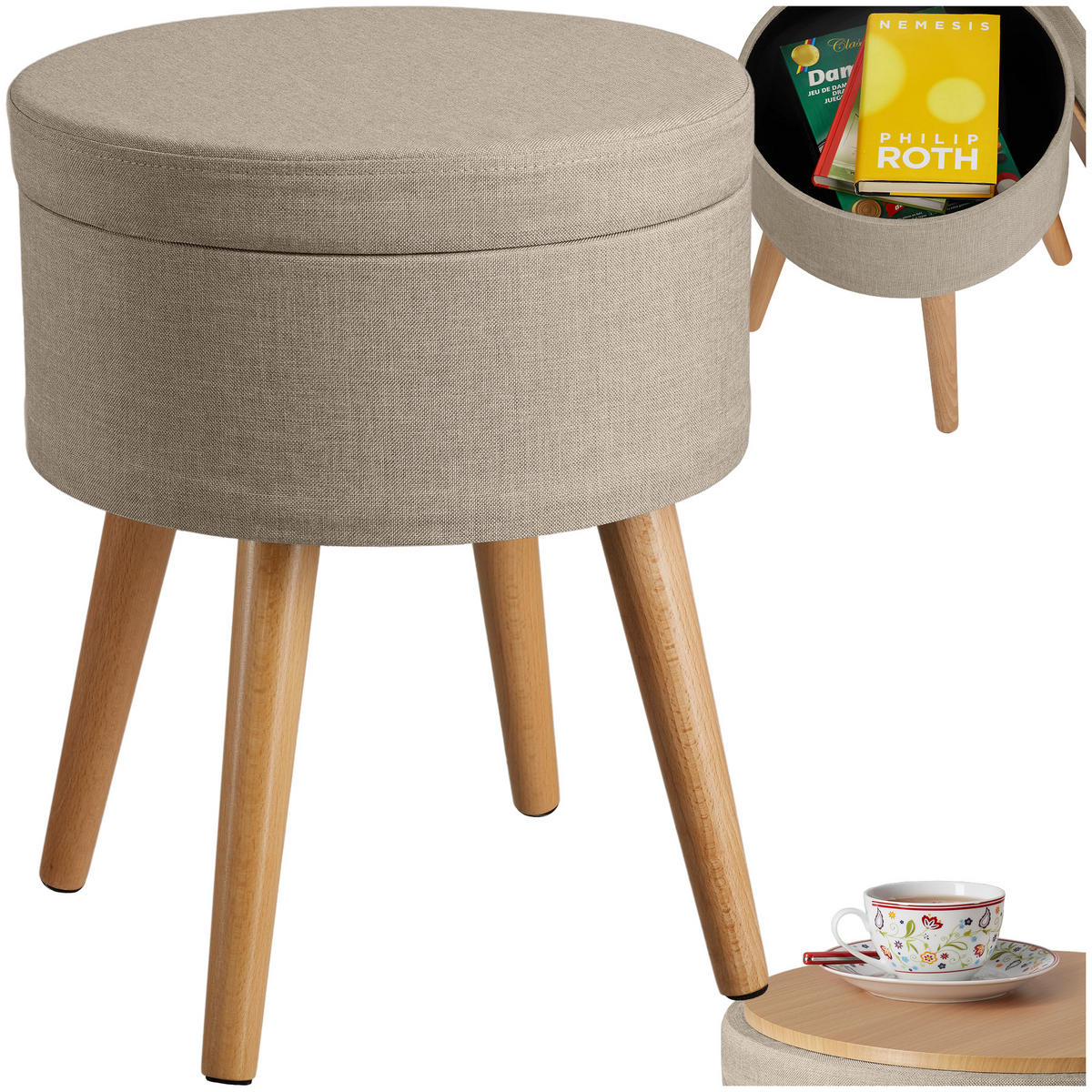 SITZHOCKER mit Stauraum Yara,42,5 x 42,5 x 45,5 cm,Sand - Sandfarben, Holz (42.5/45.5/42.5cm) - tectake