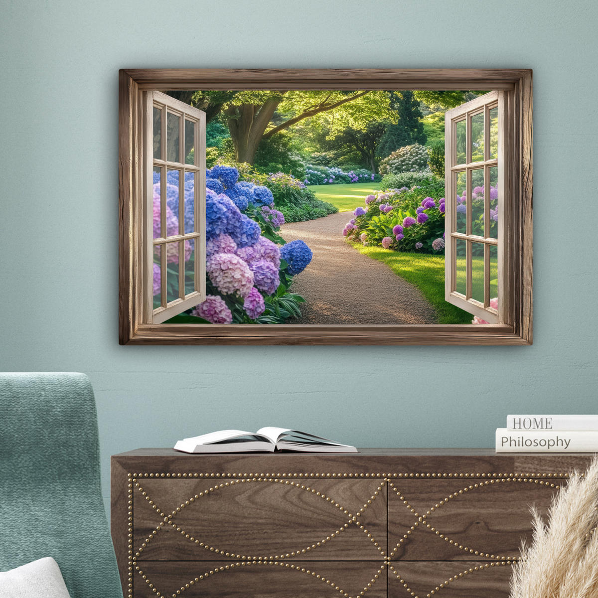 LEINWANDBILD Aussicht - Garten - Fenster - Hortensie - Blumen Gemälde 60x40 cm - Pastellblau, Textil (60/40cm) - MuchoWow