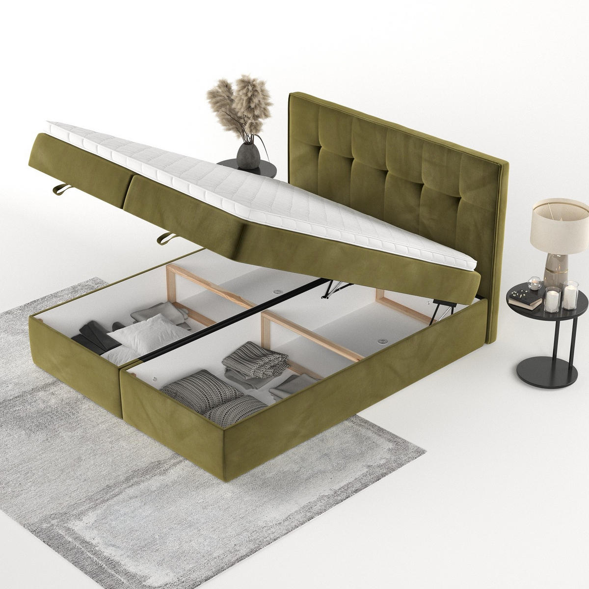 BOXBETT Tivra 200/200 cm Olivgrün im Kronos Stoff - Schwarz/Olivgrün, Holz/Holzwerkstoff (200/200cm) - AltaBeds