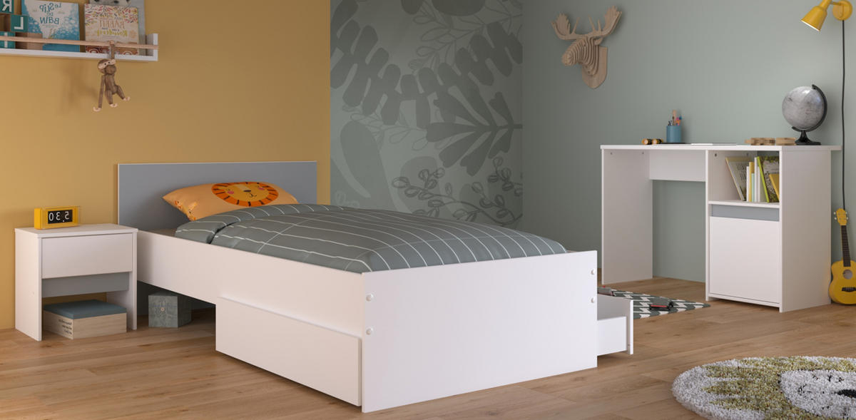 KINDERZIMMER Set 3-tlg. Stauraumbett 90x200 Nachttisch und Schreibtisch - Weiß, Holzwerkstoff (203/75/100cm) - Parisot Meuble