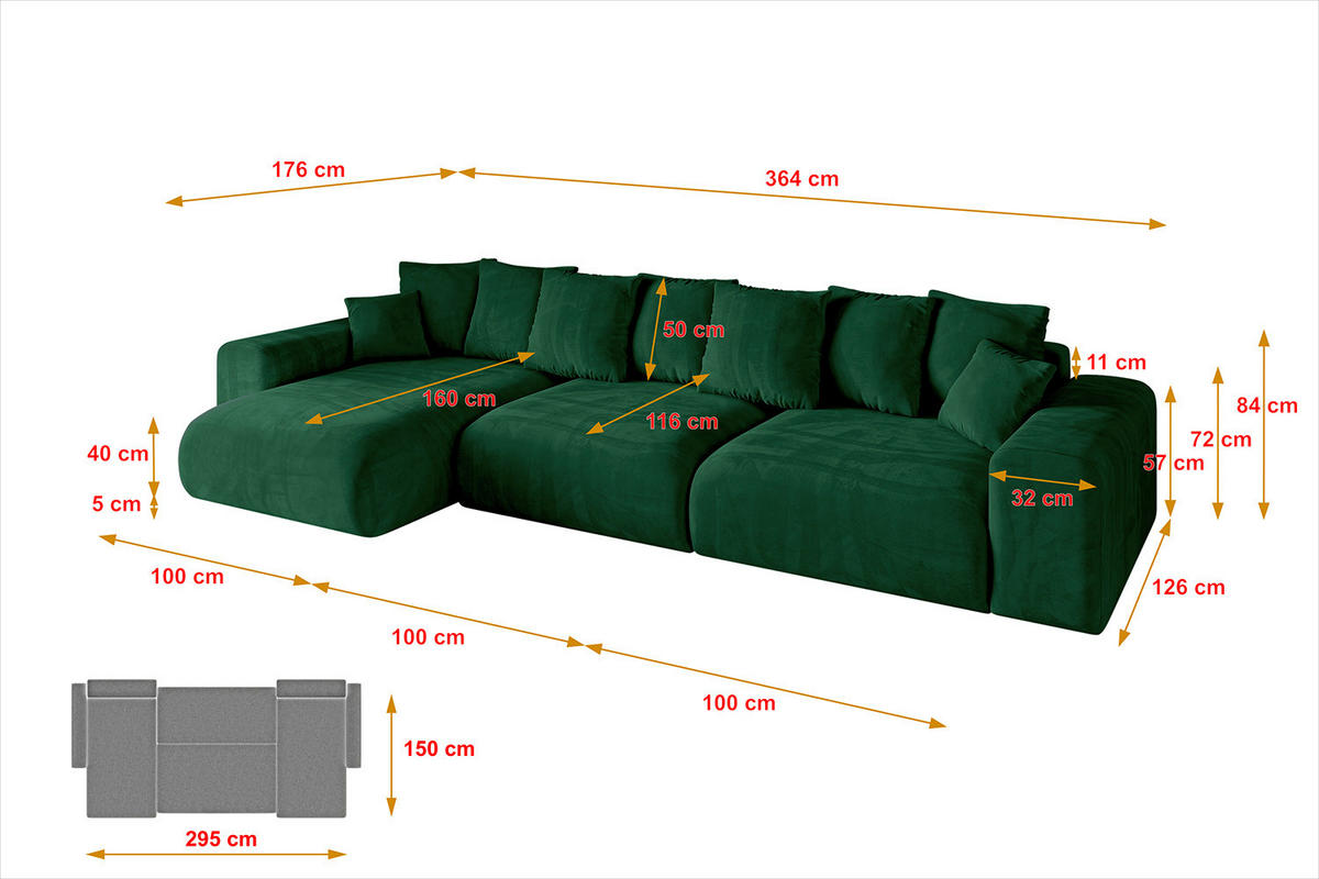 ECKSOFA Ottomane links ESKAR-L 364x176x84 Dunkelgrün Cord - Dunkelgrün/Schwarz, Holzwerkstoff/Kunststoff (364/176cm) - ALTDECOR