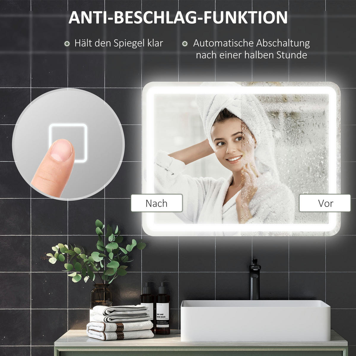 BADSPIEGEL, 70 x 90 cm LED Badezimmerspiegel mit 3 Lichtfarben, Touch-Schalter - Silberfarben, Glas (70/4/90cm) - HOMCOM